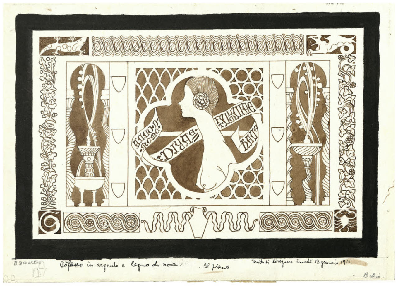 Progetto per un cofanetto in argento e legno di quercia (coperchio) (disegno) di Disertori, Benvenuto Maria (sec. XX)