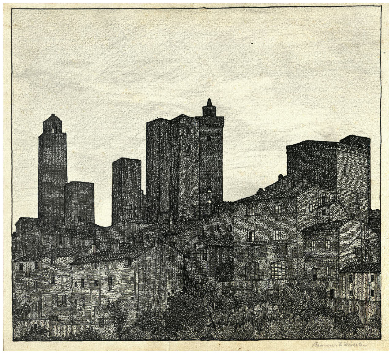 S. Gimignano di sera (disegno preparatorio per l'acquaforte) (disegno) di Disertori, Benvenuto Maria (prima metà sec. XX)