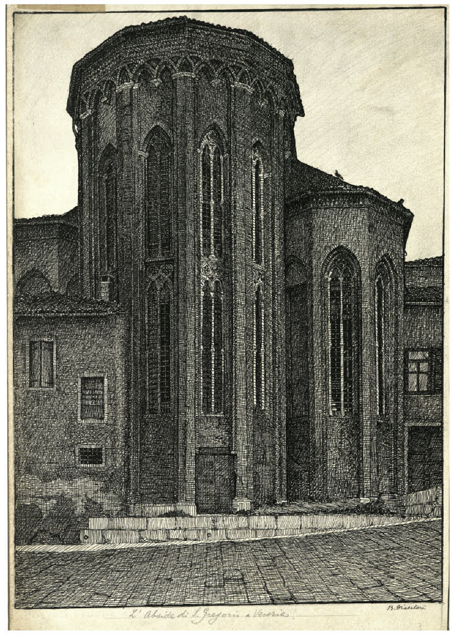 L'abside dell'abbazia di S. Gregorio a Venezia (disegno) di Disertori, Benvenuto Maria (prima metà sec. XX)