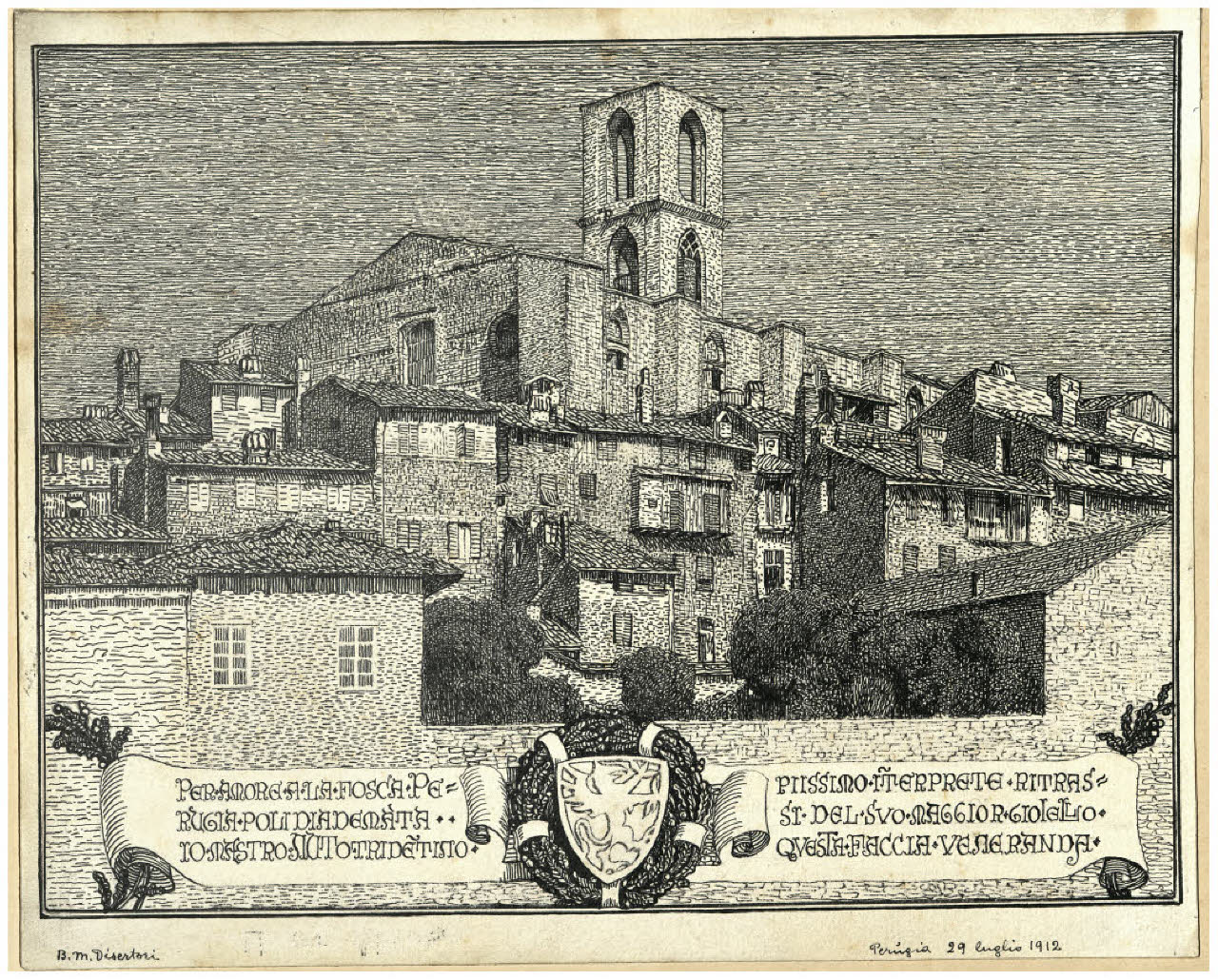 Il campanile di S. Domenico a Perugia (disegno preparatorio per l'acquaforte) (disegno) di Disertori, Benvenuto Maria (sec. XX)