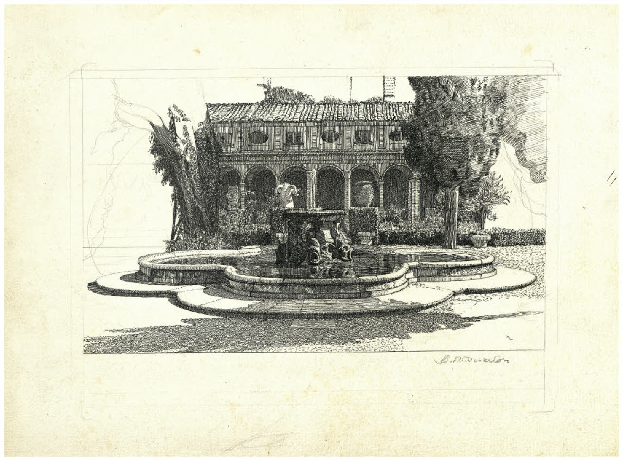 Giardino con fontana (disegno) di Disertori, Benvenuto Maria (prima metà sec. XX)