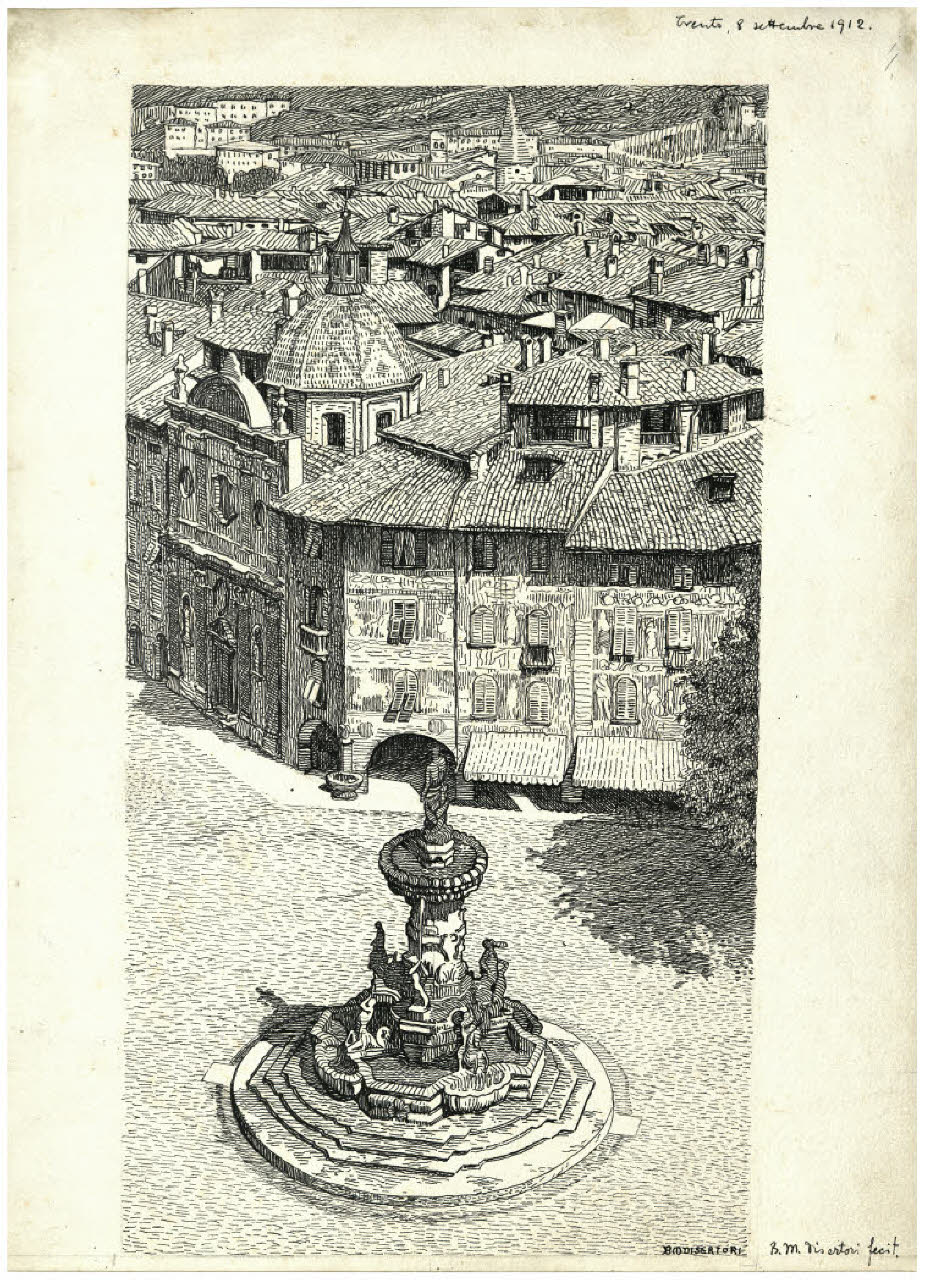 Trento. Nella piazza del Duomo la fontana del Nettuno (disegno preparatorio per l'acquaforte) (disegno) di Disertori, Benvenuto Maria (sec. XX)