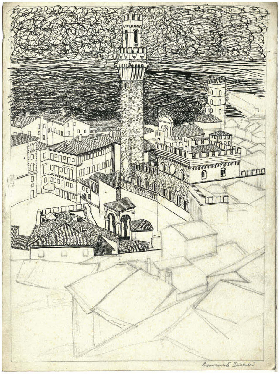 Siena. Torre del Palazzo Comunale (disegno) di Disertori, Benvenuto Maria (prima metà sec. XX)