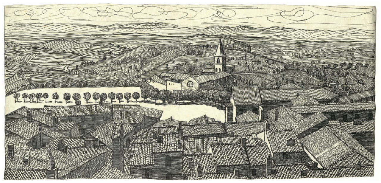 Veduta di paese (disegno) di Disertori, Benvenuto Maria (prima metà sec. XX)