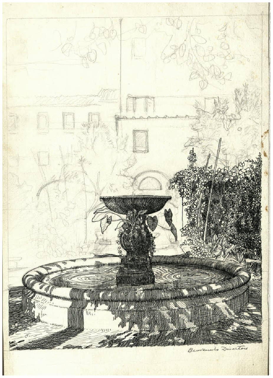 Giardino con fontana (disegno) di Disertori, Benvenuto Maria (prima metà sec. XX)