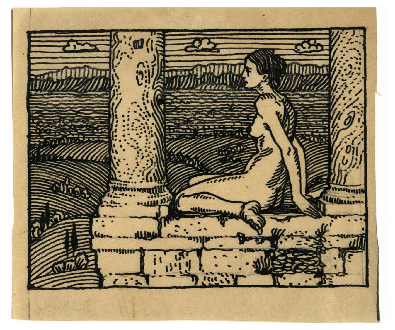 Nudo femminile seduto tra le colonne di un tempio (disegno preparatorio per un ex libris per Ezio Pietro Pogliani) (disegno) di Disertori, Benvenuto Maria (prima metà sec. XX)