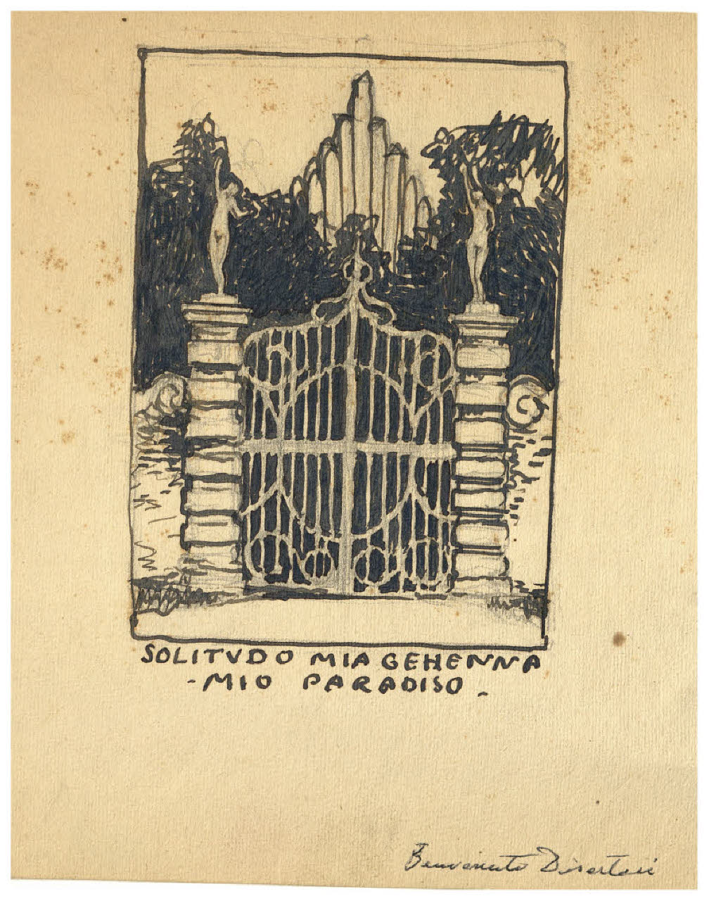 Cancello chiuso - Solitudo mia Gehenna, mio paradiso (disegno) di Disertori, Benvenuto Maria (prima metà sec. XX)