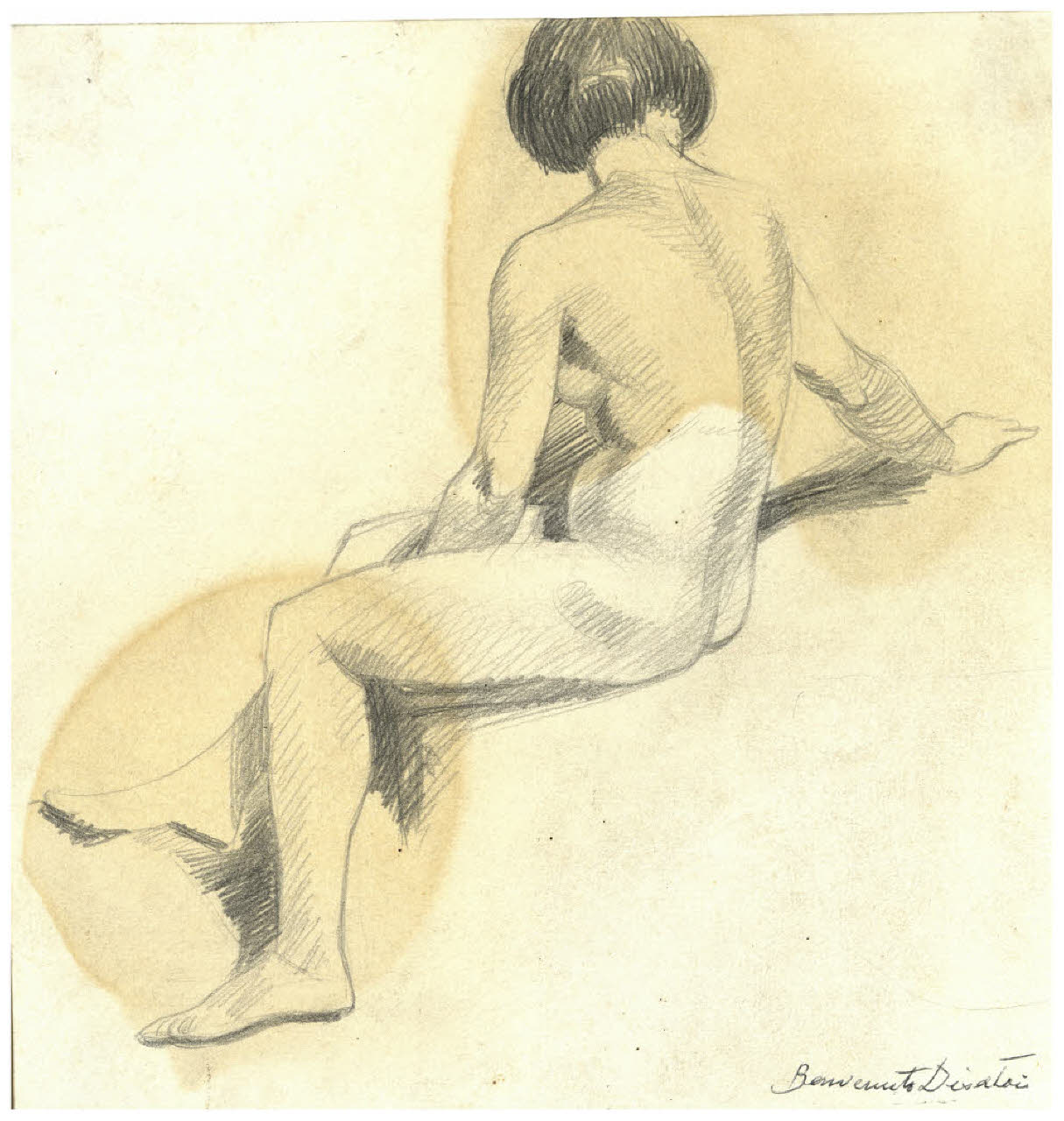 Nudo femminile seduto di spalle (disegno) di Disertori, Benvenuto Maria (prima metà sec. XX)