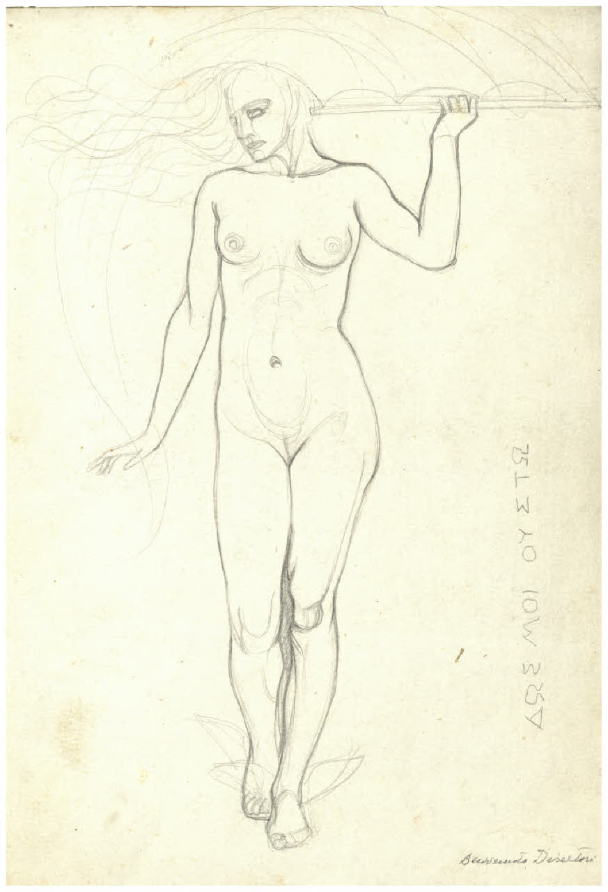 Nudo femminile con in mano una vela. Studio per una Fortuna (disegno) di Disertori, Benvenuto Maria (prima metà sec. XX)