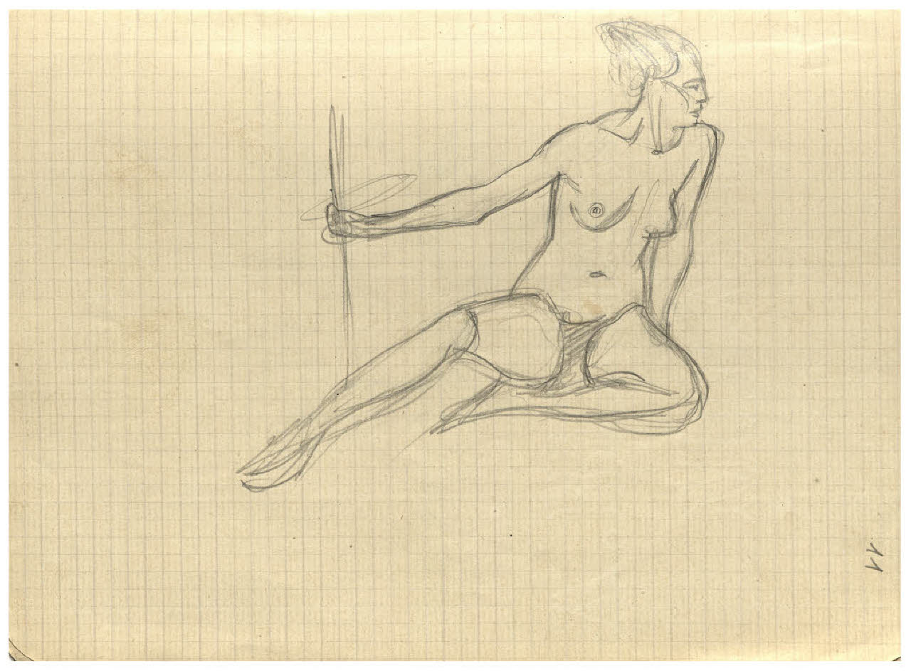 Nudo femminile seduto. Variante di studio per la posa di Venere nell'acquaforte Il Pianeta Venere (disegno) di Disertori, Benvenuto Maria (sec. XX)