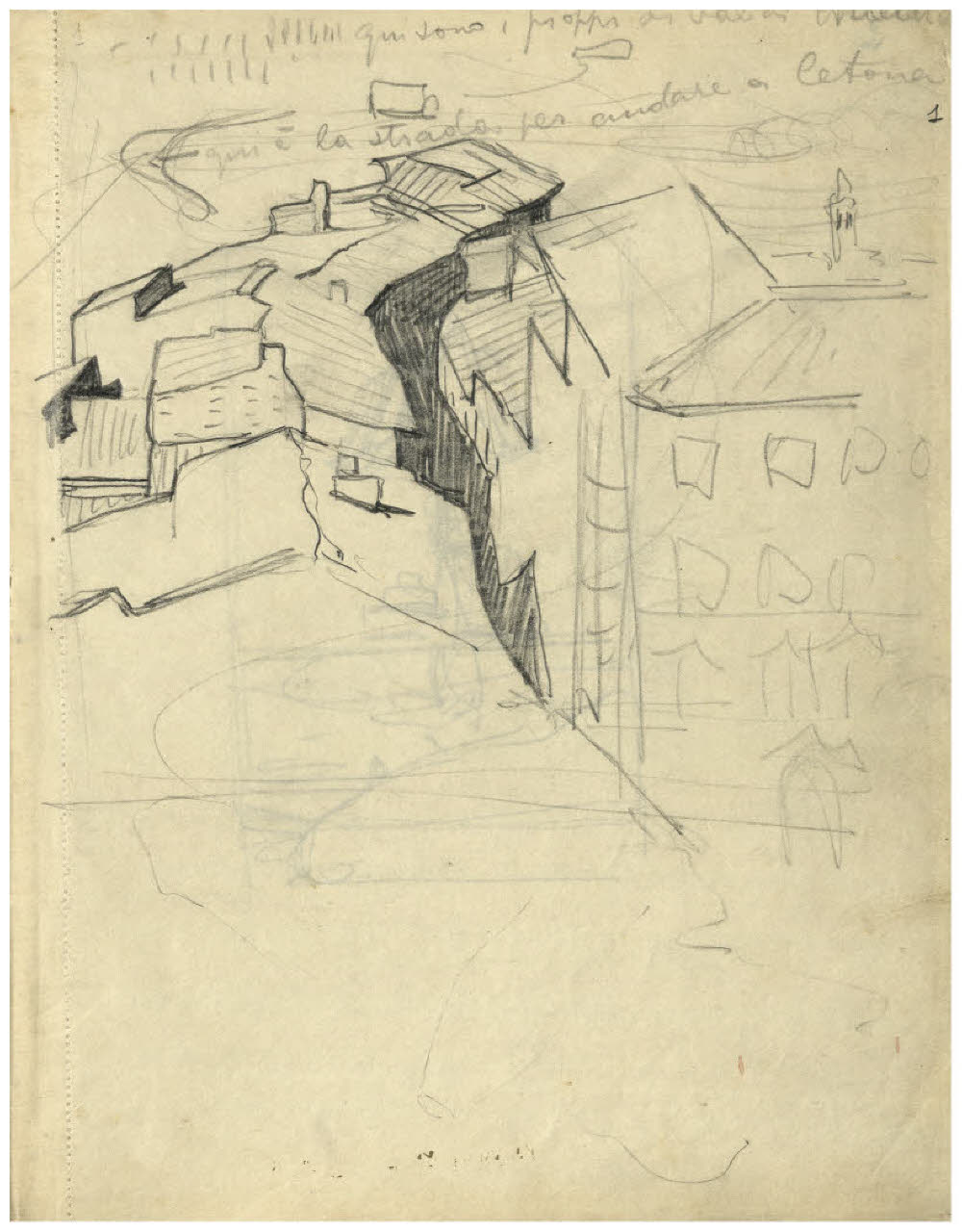 Veduta di una via dall'alto (disegno) di Disertori, Benvenuto Maria (sec. XX)