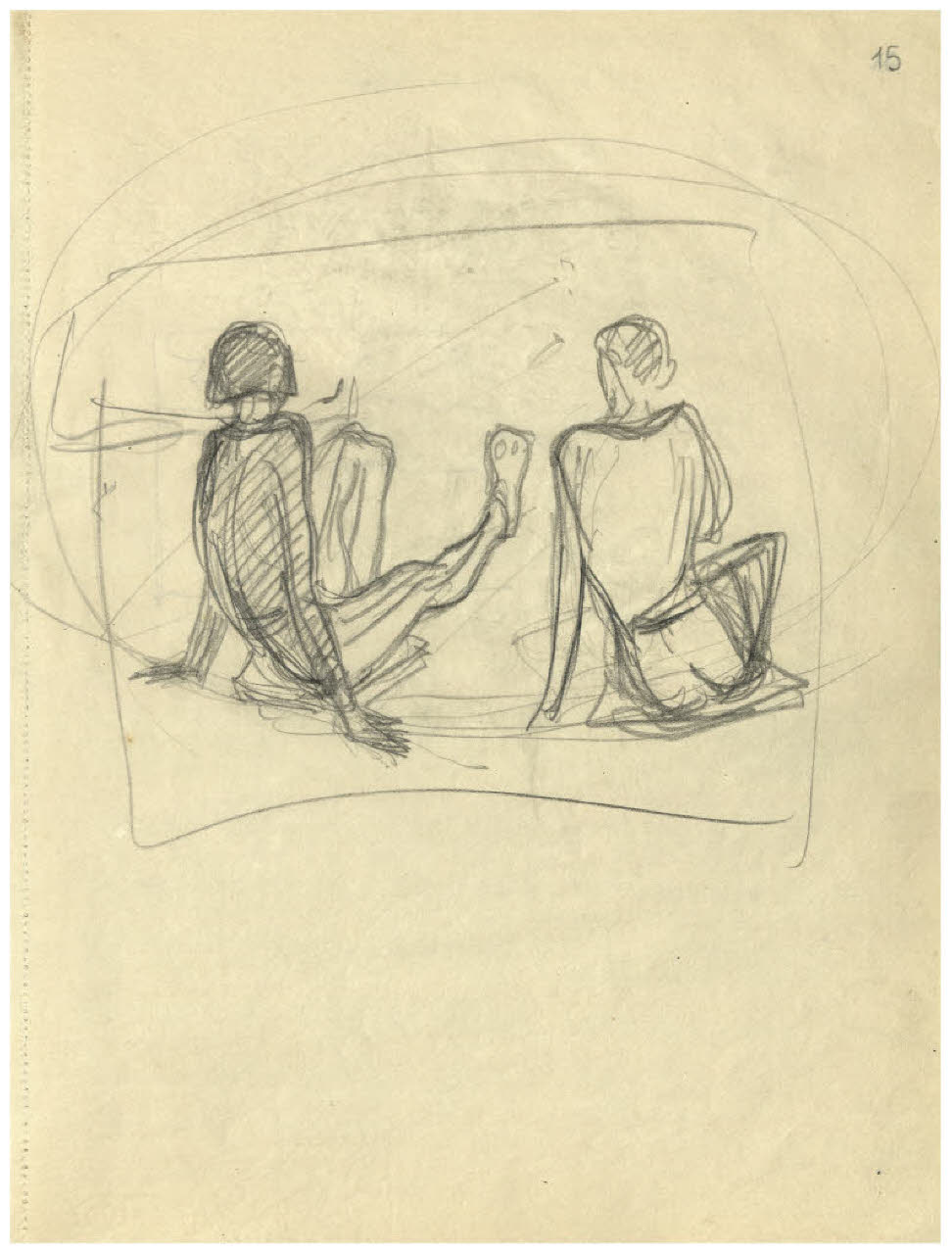 Due figure sedute a terra, di spalle (disegno) di Disertori, Benvenuto Maria (sec. XX)