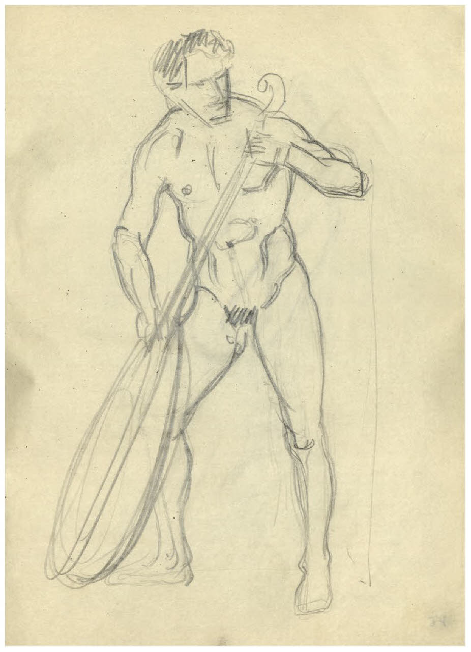 Nudo maschile con liuto (disegno) di Disertori, Benvenuto Maria (sec. XX)