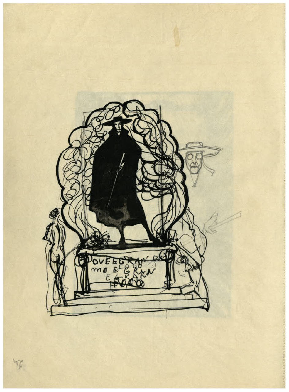 Figura ammantata di scuro - Dove è gran fumo è gran foco (disegno) di Disertori, Benvenuto Maria (sec. XX)