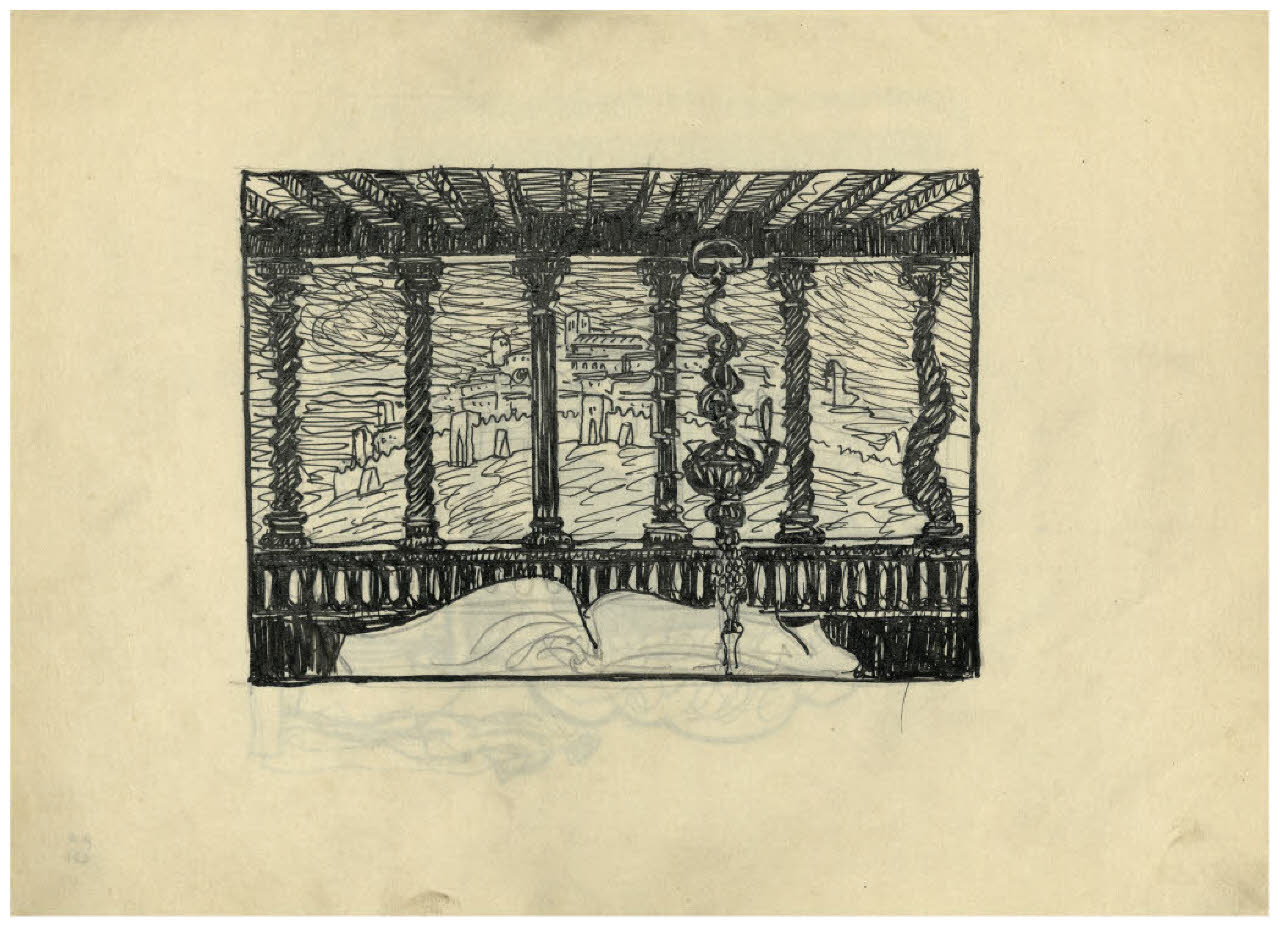 Libro aperto in un loggiato dal quale si vede città su un colle (disegno) di Disertori, Benvenuto Maria (sec. XX)