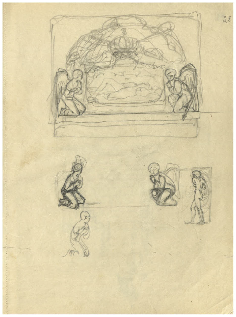 Nudo femminile disteso su un divano e due figure di oranti. Disegno per ex libris (disegno) di Disertori, Benvenuto Maria (sec. XX)