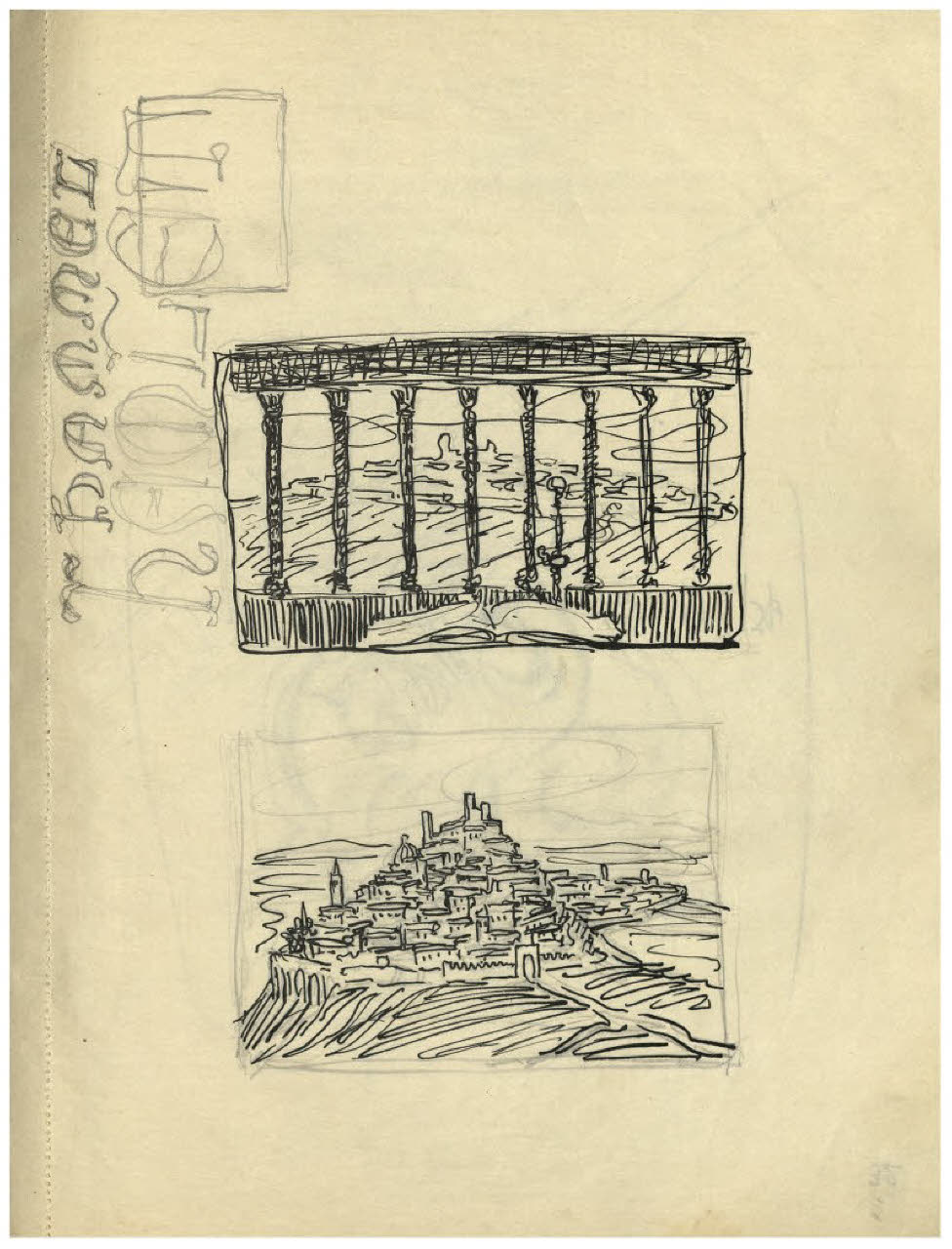 Libro aperto in un loggiato; Paesaggio con città su un colle. Scritte: Hammel, Hamlet (disegno) di Disertori, Benvenuto Maria (sec. XX)