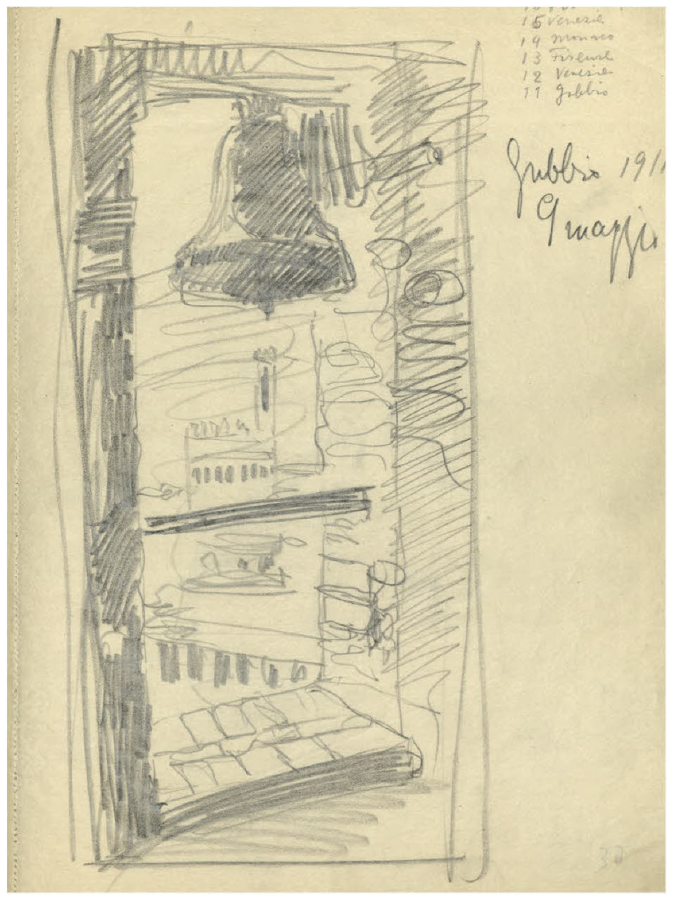 Campanile di S. Francesco a Gubbio (disegno) di Disertori, Benvenuto Maria (sec. XX)