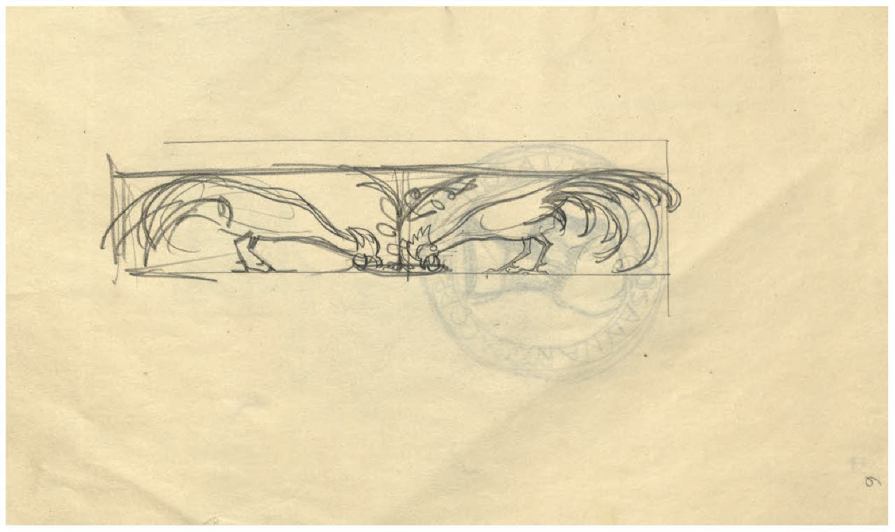 Fregio con due galli (disegno) di Disertori, Benvenuto Maria (sec. XX)