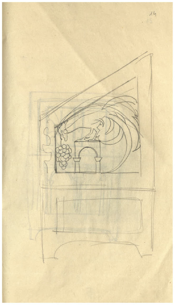 Veduta di un fianco di trono (?) con gallo che becca un grappolo d'uva (disegno) di Disertori, Benvenuto Maria (sec. XX)