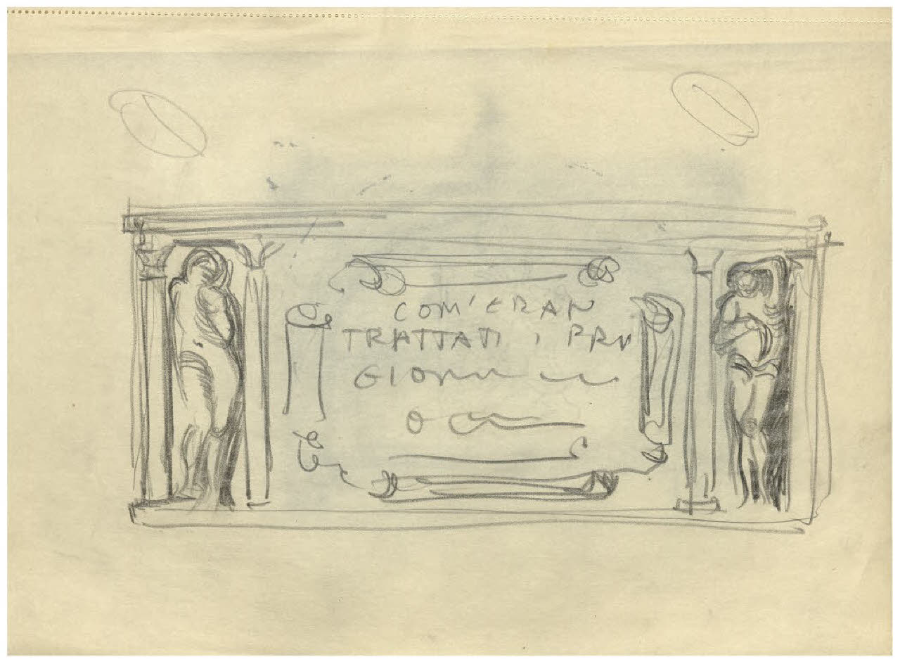 Fregio con i Prigioni di Michelangelo. Disegno preparatorio per illustrazione di R. Franchi, Come erano anticamente trattati i prigionieri di guerra, in "La Lettura. Rivista mensile del Corriere della Sera", settembre 1916, p. 846 (disegno) di Disertori, Benvenuto Maria (sec. XX)