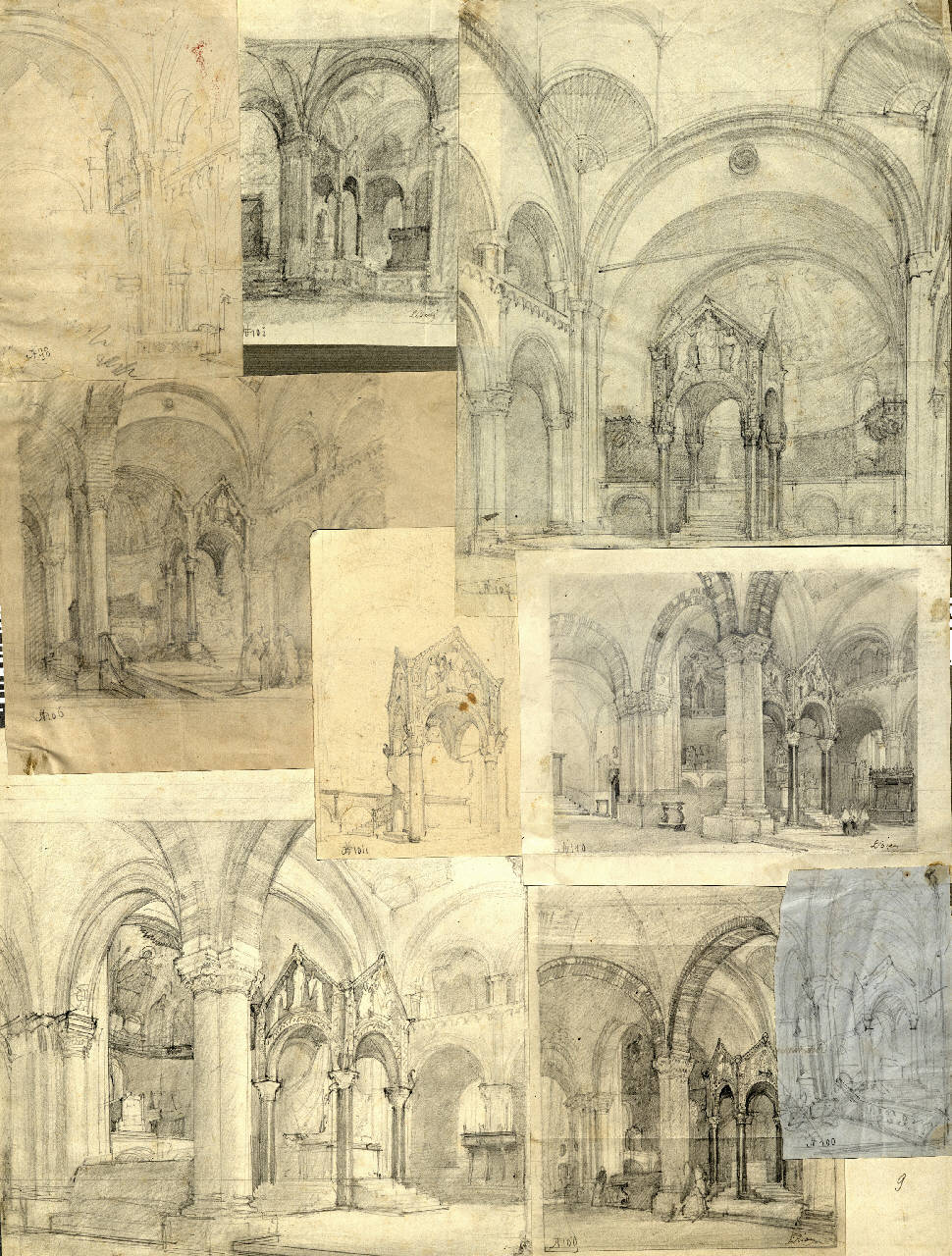 Studi relativi a Sant'Ambrogio. Interno S. Ambrogio., Studi relativi a Sant'Ambrogio. Interno S. Ambrogio. (disegno) di Bisi, Luigi (sec. XIX)