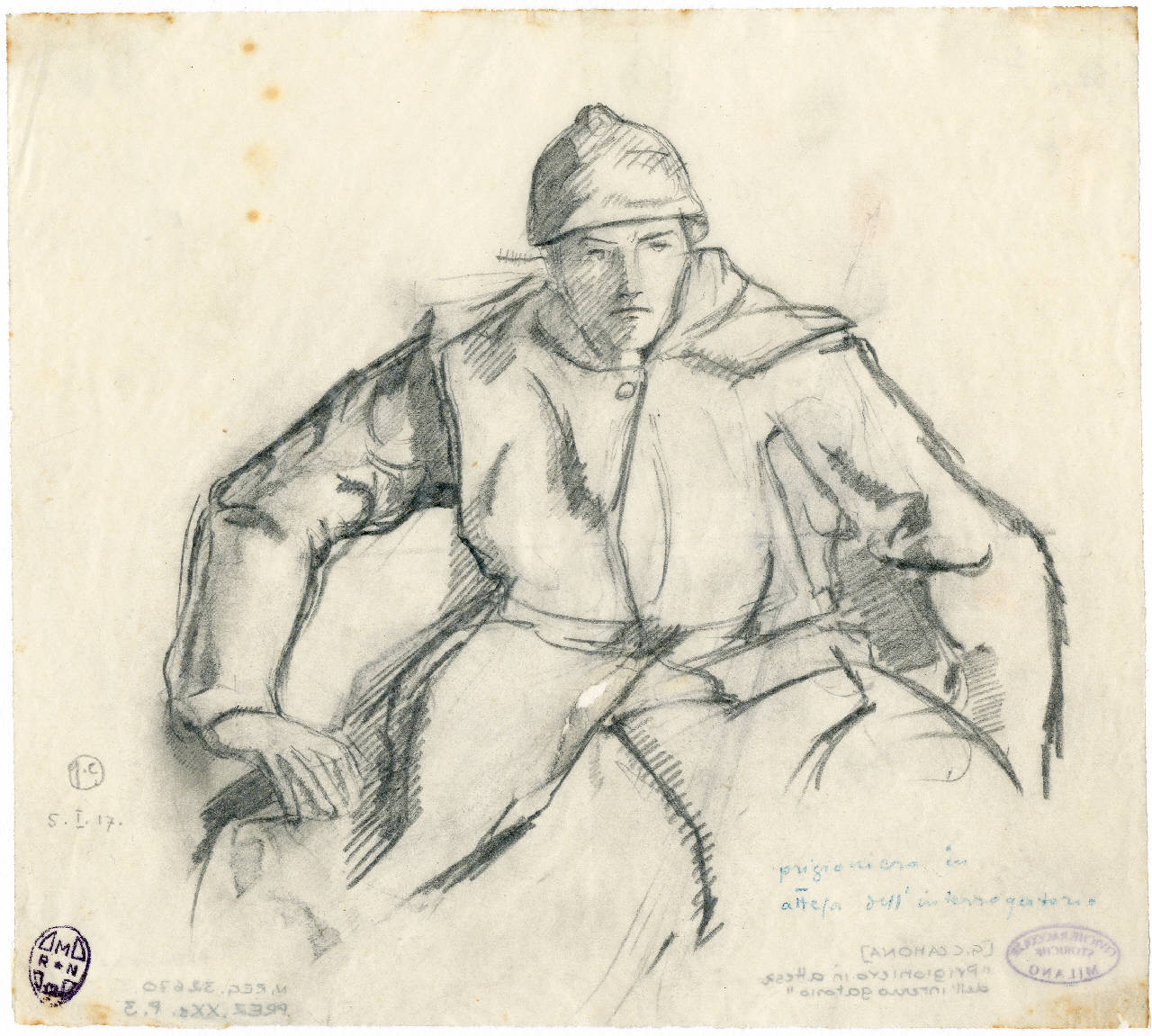 Prigioniero in attesa dell'interrogatorio (disegno) di Camona, Giuseppe (sec. XX)