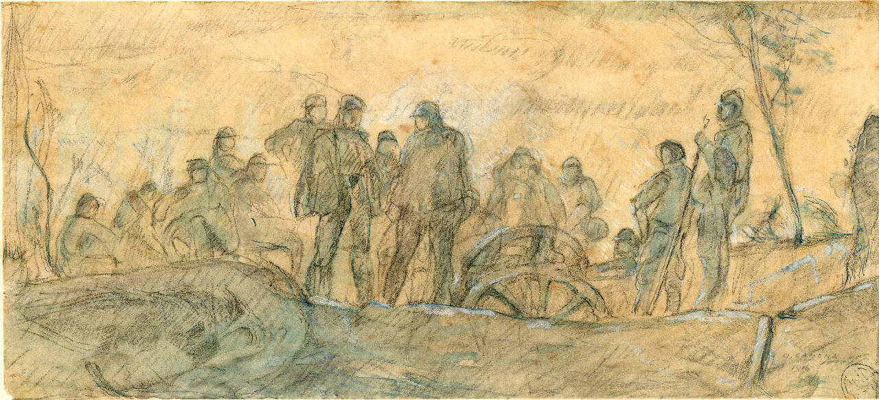 Gruppo di soldati attorno ad un cannone (disegno) di Camona, Giuseppe (sec. XX)