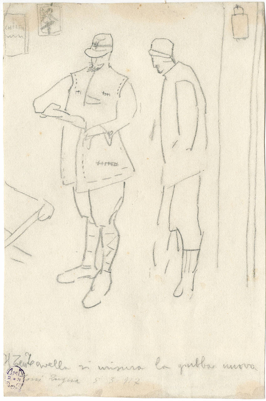 Il Tenente Tavella misura la giubba nuova (disegno) di Cascella, Michele (sec. XX)