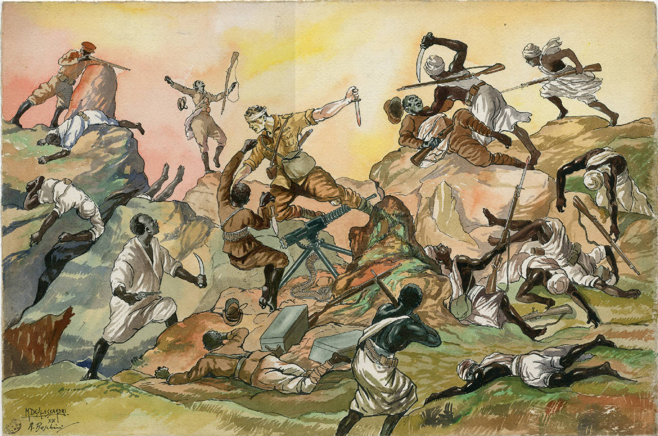 Morte di Giovanni Alessandri a Chevenna - Harar il 20 gennaio 1937 (disegno) di Boschini, Raffaele; De Alessandri, M. (sec. XX)