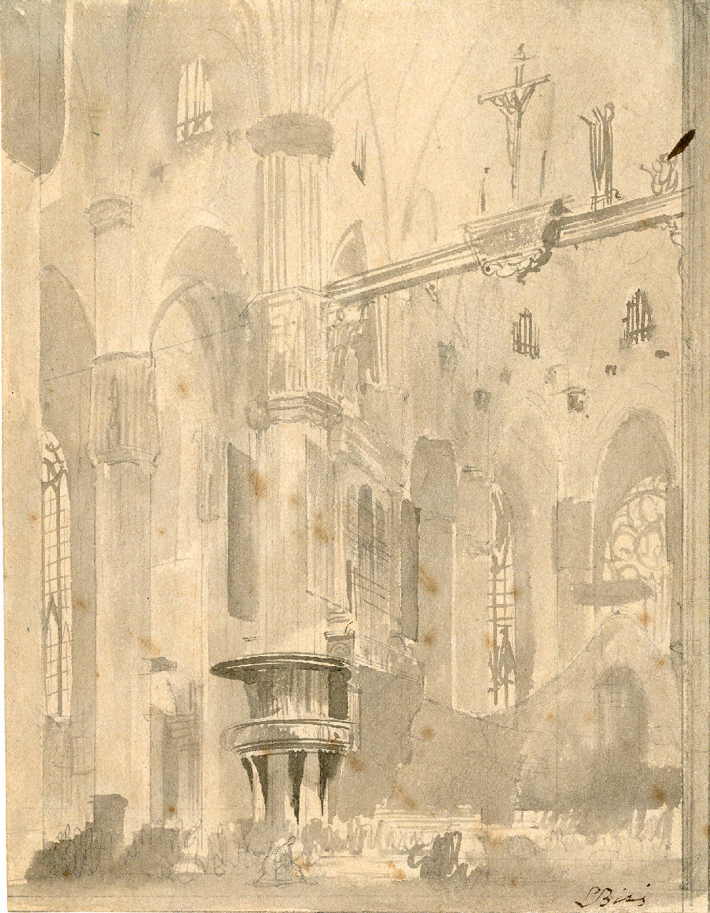 Duomo, altare maggiore e pulpito di sinistra, Duomo, altare maggiore e pulpito di sinistra (disegno) di Bisi, Luigi (sec. XIX)
