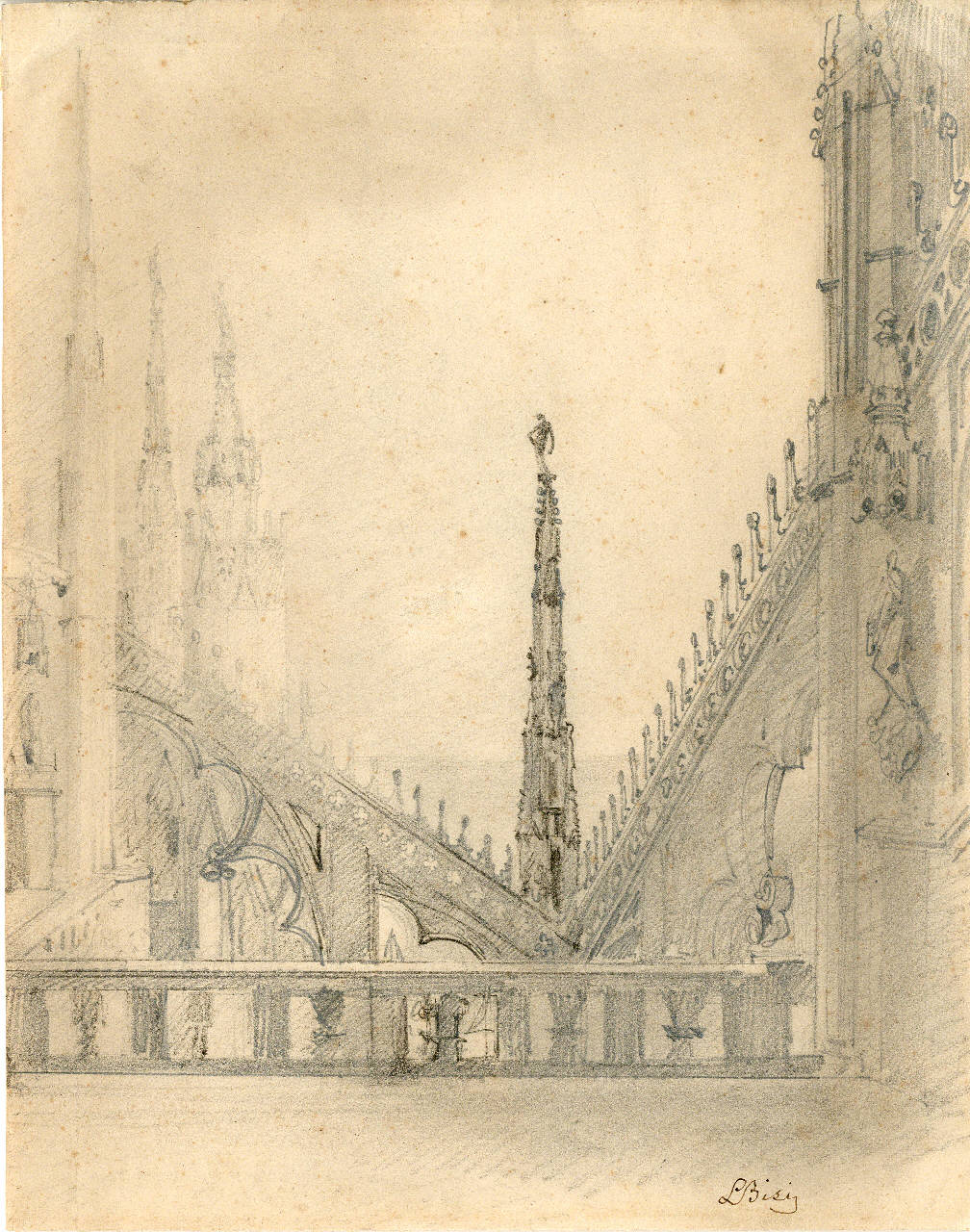 Sopra il Duomo: archi rampanti che si incontrano in uno degli angoli formati dai bracci di croce, Sopra il Duomo: archi rampanti che si incontrano in uno degli angoli formati dai bracci di croce (disegno) di Bisi, Luigi (sec. XIX)