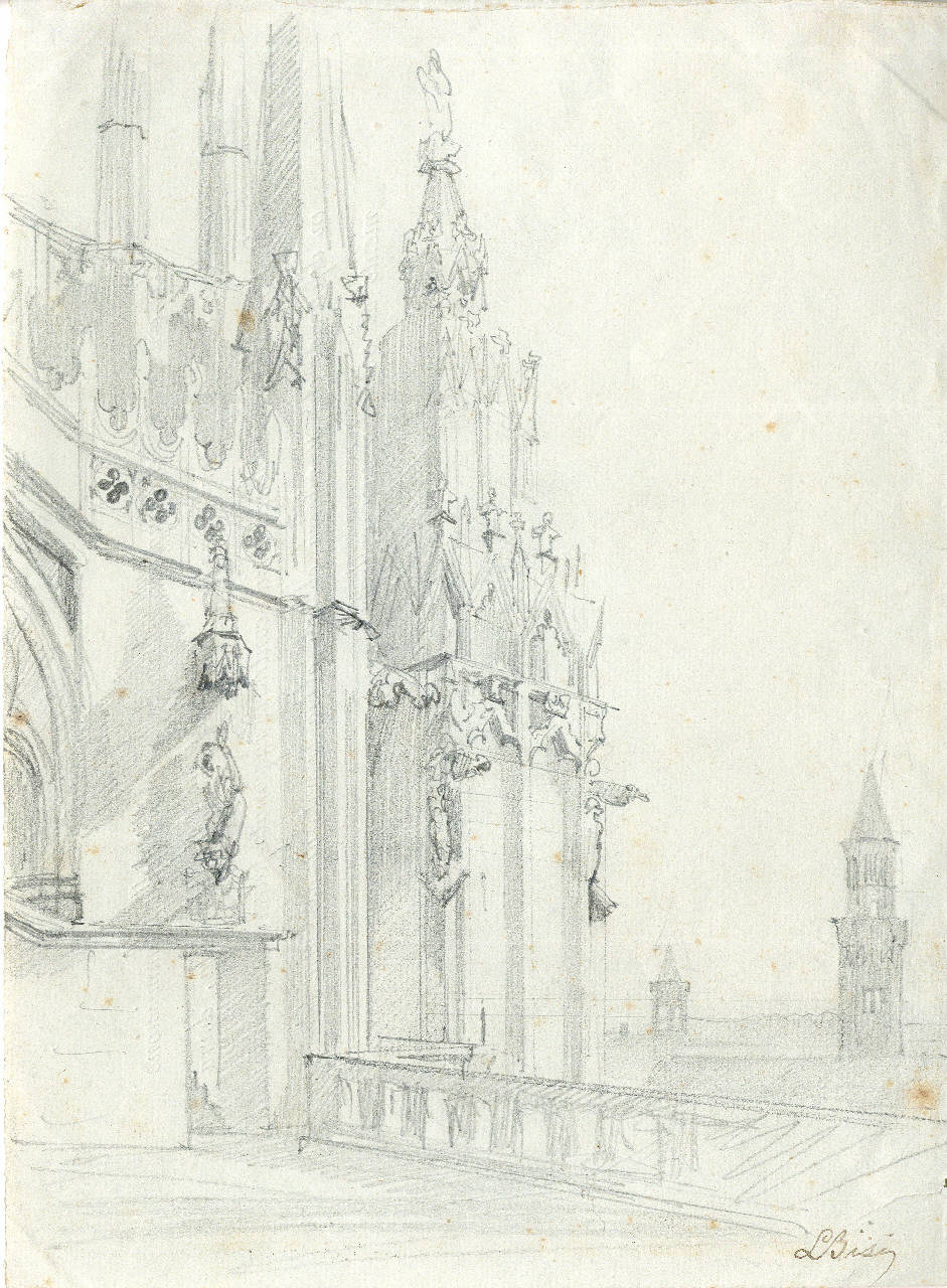 Veduta della torre di San Gottardo da un terrazzo inferiore del Duomo, Veduta della torre di San Gottardo da un terrazzo inferiore del Duomo (disegno) di Bisi, Luigi (sec. XIX)