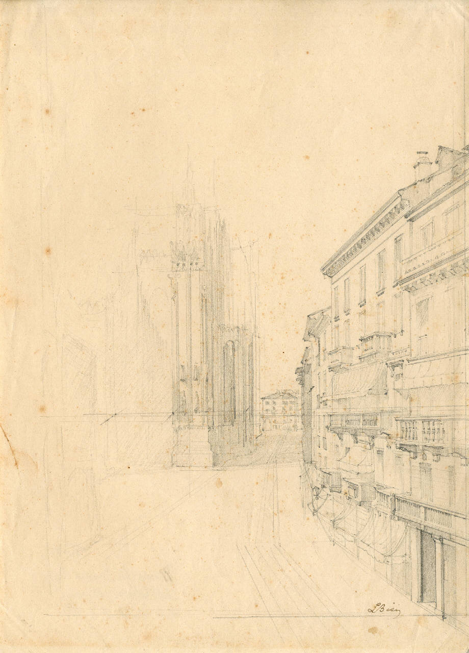 Il Duomo dall'imbocco del Corso Vittorio Emanuele, Il Duomo dall'imbocco del Corso Vittorio Emanuele (disegno) di Bisi, Luigi (sec. XIX)