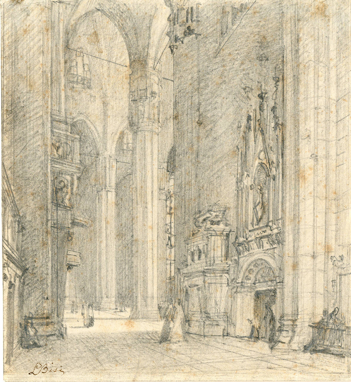 Interno del Duomo, veduto dal braccio settentrionale del retrocoro, Interno del Duomo, veduto dal braccio settentrionale del retrocoro (disegno) di Bisi, Luigi (sec. XIX)