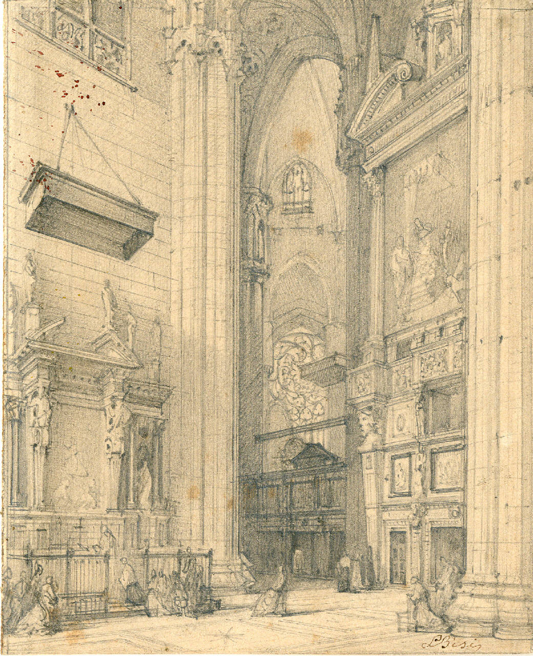 Duomo, altare di Santa Tecla ed adiacente imbocco del retrocoro, Duomo, altare di Santa Tecla ed adiacente imbocco del retrocoro (disegno) di Bisi, Luigi (sec. XIX)
