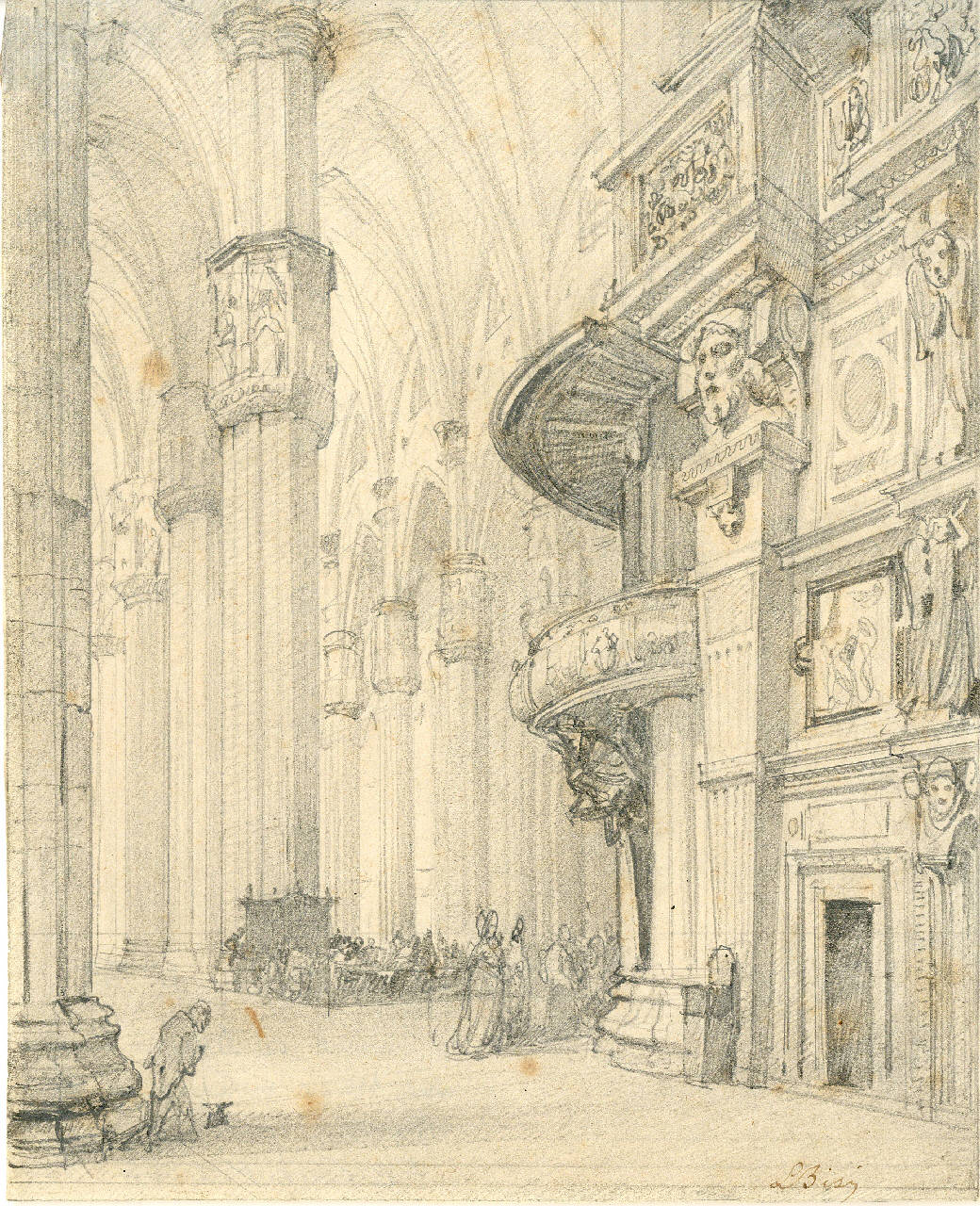 Interno del Duomo, veduto dal braccio meridionale del retrocoro, Interno del Duomo, veduto dal braccio meridionale del retrocoro (disegno) di Bisi, Luigi (sec. XIX)