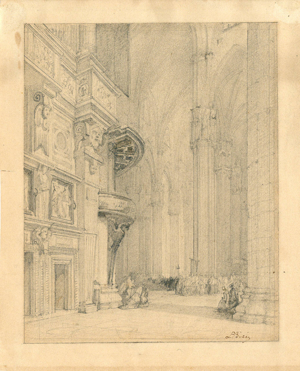 Interno del Duomo, veduto dallo sbocco settentrionale del retrocoro, Interno del Duomo, veduto dallo sbocco settentrionale del retrocoro (disegno) di Bisi, Luigi (sec. XIX)