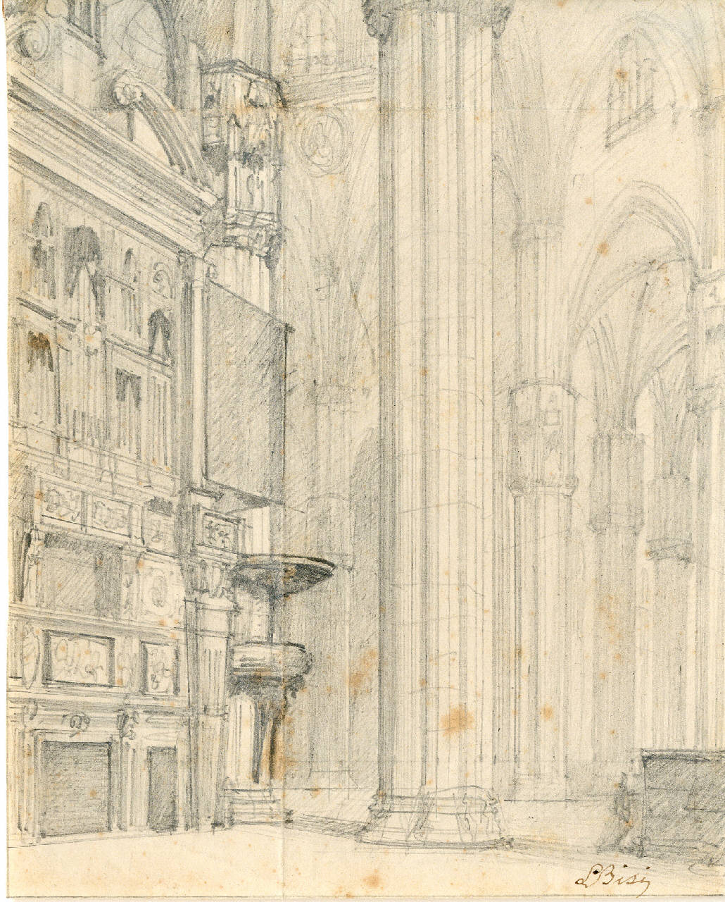 Interno del Duomo,veduto dallo sbocco settentrionale del retrocoro, Interno del Duomo,veduto dallo sbocco settentrionale del retrocoro (disegno) di Bisi, Luigi (sec. XIX)