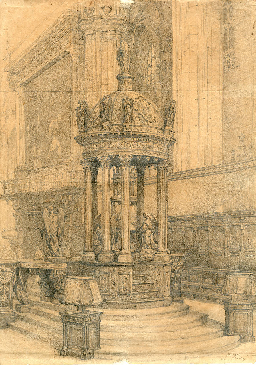 Duomo, altare maggiore ed organo settentrinale veduti dal coro, Duomo, altare maggiore ed organo settentrinale veduti dal coro (disegno) di Bisi, Luigi (sec. XIX)