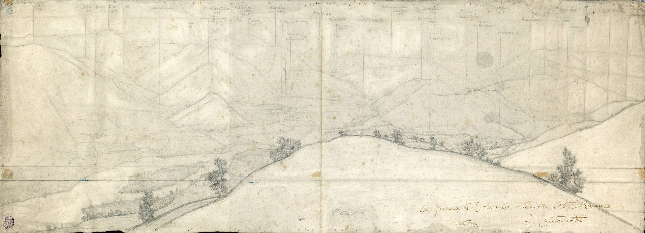 La piana di Tolmino vista da Costa Raunza, paesaggio (disegno) di Cantinotti, Innocente (primo quarto sec. XX)