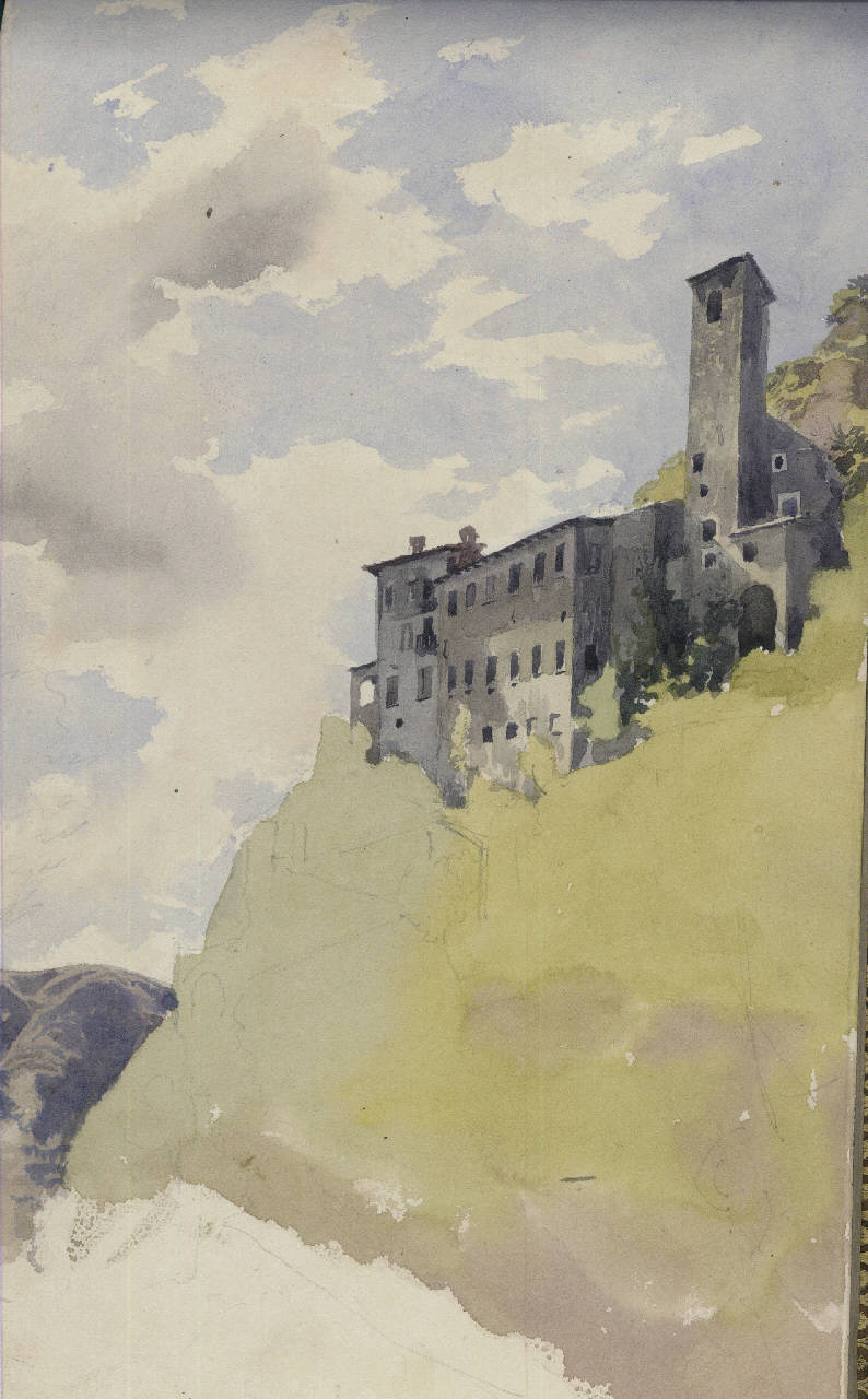 paesaggio montano con architetture, paesaggio montano con architetture (disegno) di Bisi, Luigi (sec. XIX)
