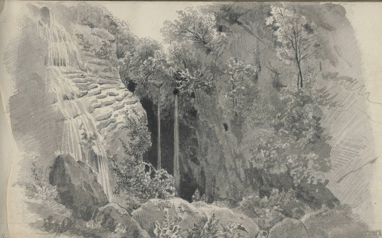 paesaggio con cascata, paesaggio con cascata (disegno) di Bisi, Luigi (ca 1833 - ca 1833)