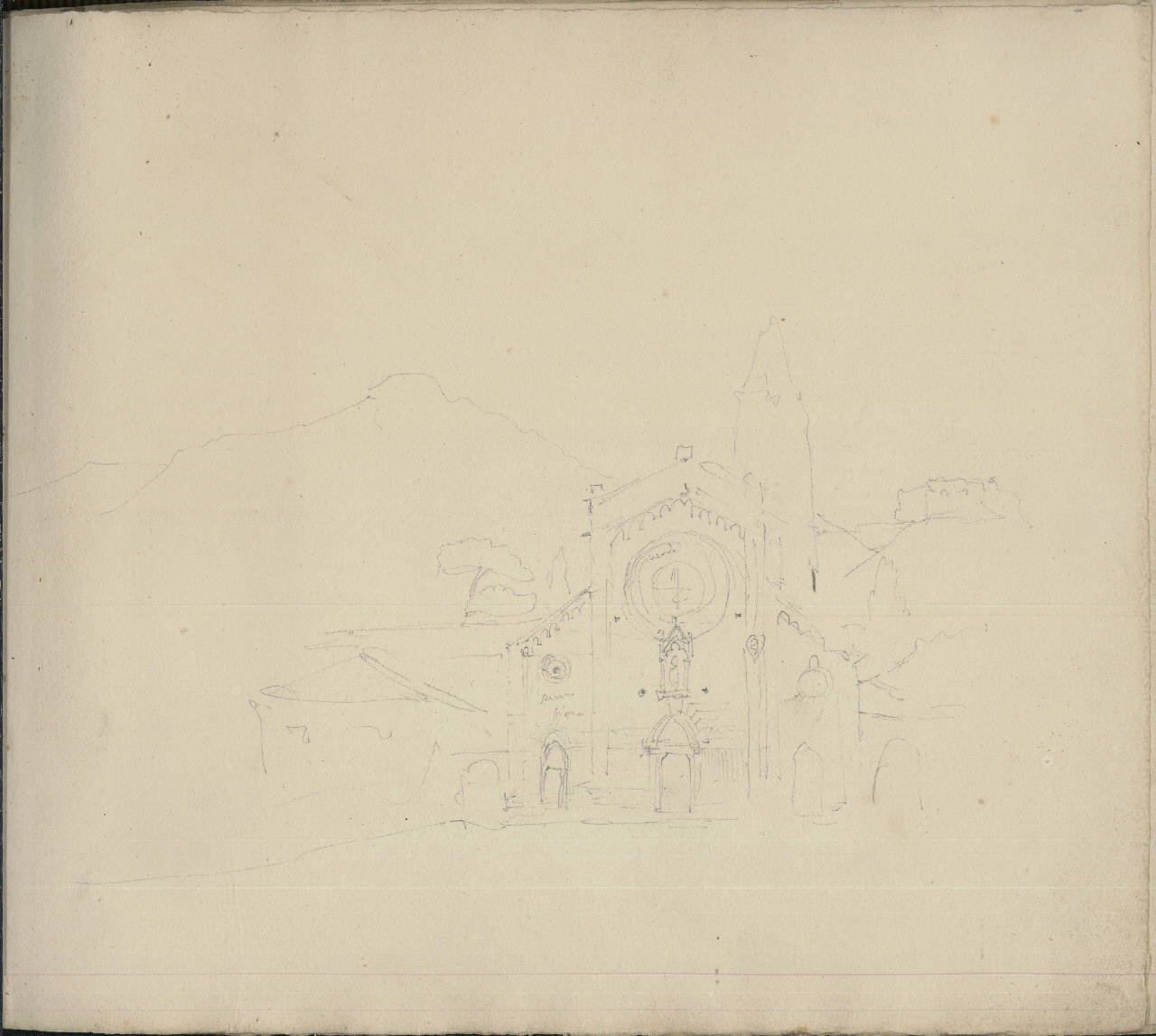 paesaggio con architetture (disegno) di Bisi, Luigi (1837 - 1886)