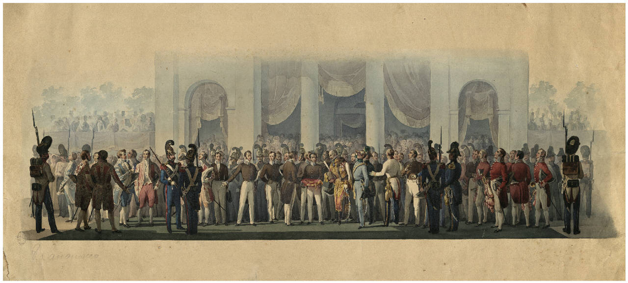 Le autorità municipali attendono il corteo di Ferdinando I per la consegna delle chiavi di Milano, 1848, Le autorità municipali attendono il corteo di Ferdinando I per la consegna delle chiavi di Milano, 1848 (disegno) di Sanquirico, Alessandro (seconda metà sec. XIX)