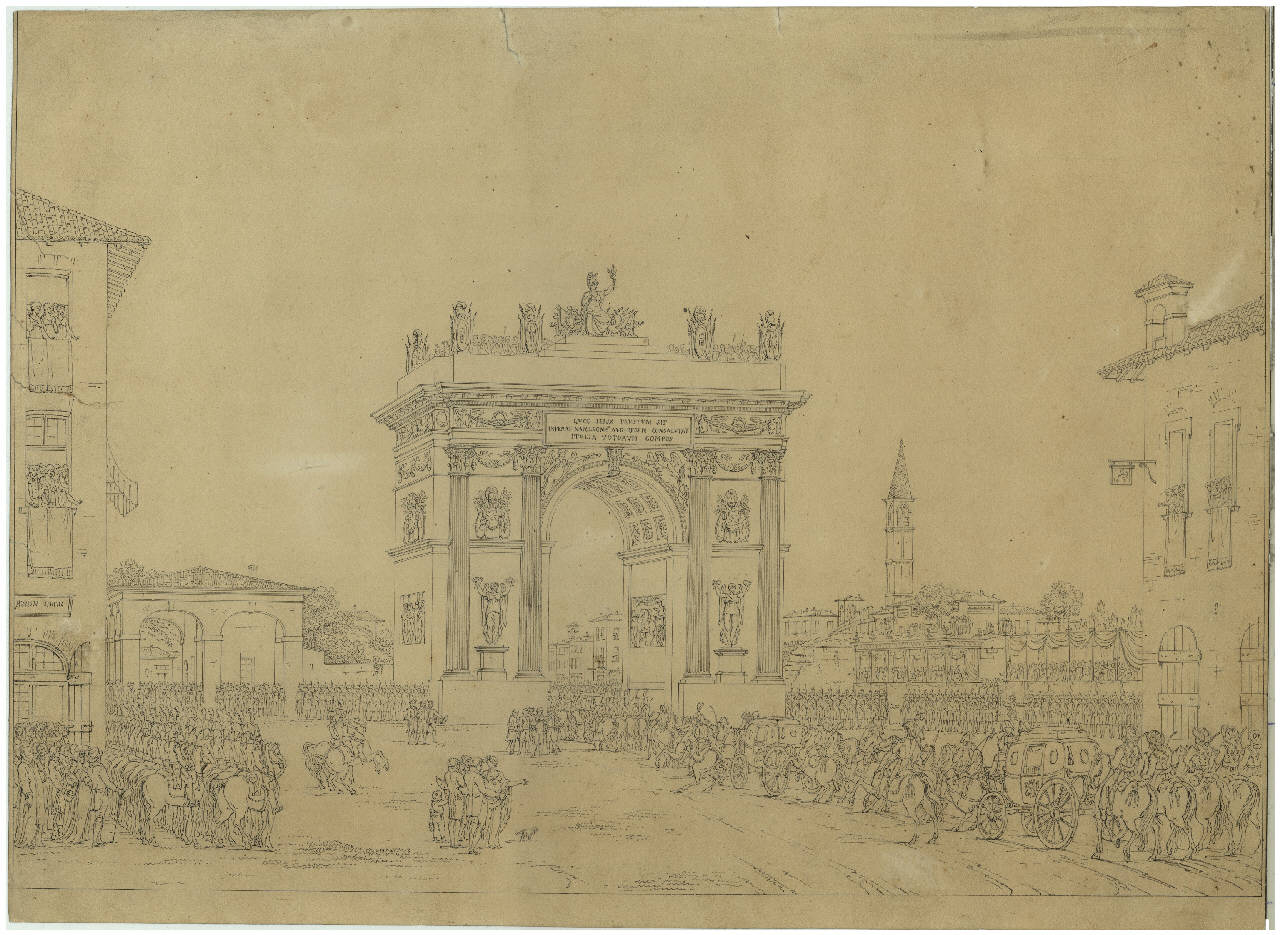 ingresso di Napoleone da Porta Ticinese l'8 maggio 1805 per l'incoronazione, ingresso di Napoleone da Porta Ticinese l'8 maggio 1805 per l'incoronazione (disegno) di Sanquirico, Alessandro (seconda metà sec. XIX)