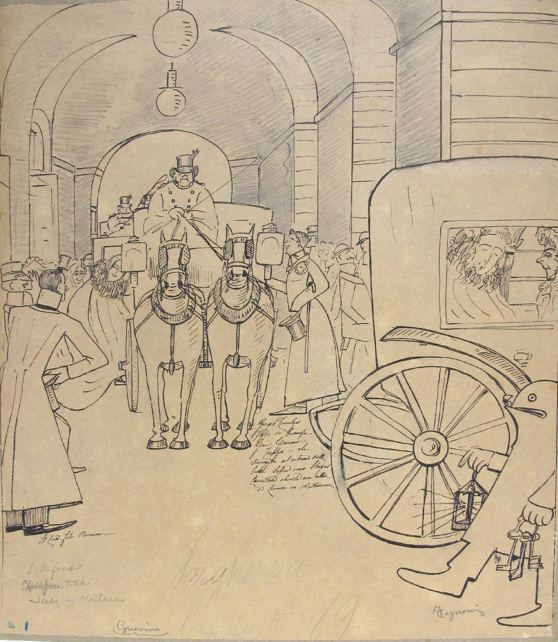 Giorgio Trivulzio sale in carrozza all'uscita del teatro alla scala, Giorgio Trivulzio sale in carrozza all'uscita del teatro alla scala (disegno) di Cagnoni, Amero (metà sec. XIX)