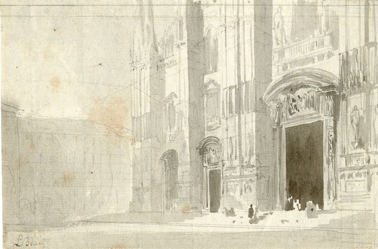 Veduta parziale della fronte del Duomo, Veduta parziale della fronte del Duomo (disegno) di Bisi, Luigi (sec. XIX)