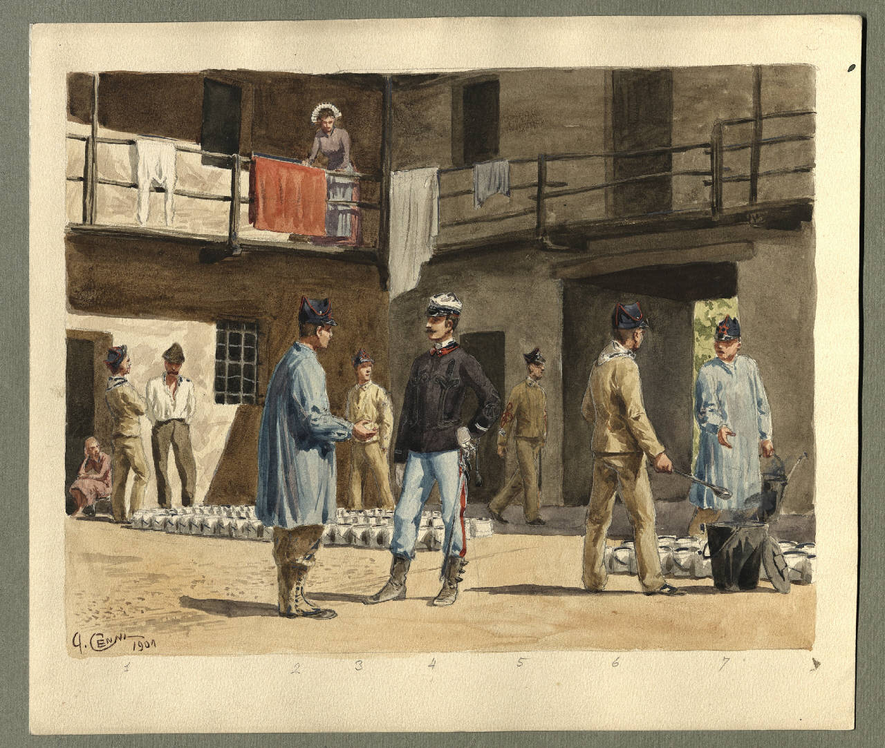 titolo proprio: Ufficiale con spencer e cucinieri di fanteria con le gavette in rango per il rancio della truppa, titolo serie: Esercito Italiano 1890 - 1900 (disegno) di Cenni, Quinto (1901 - 1901)