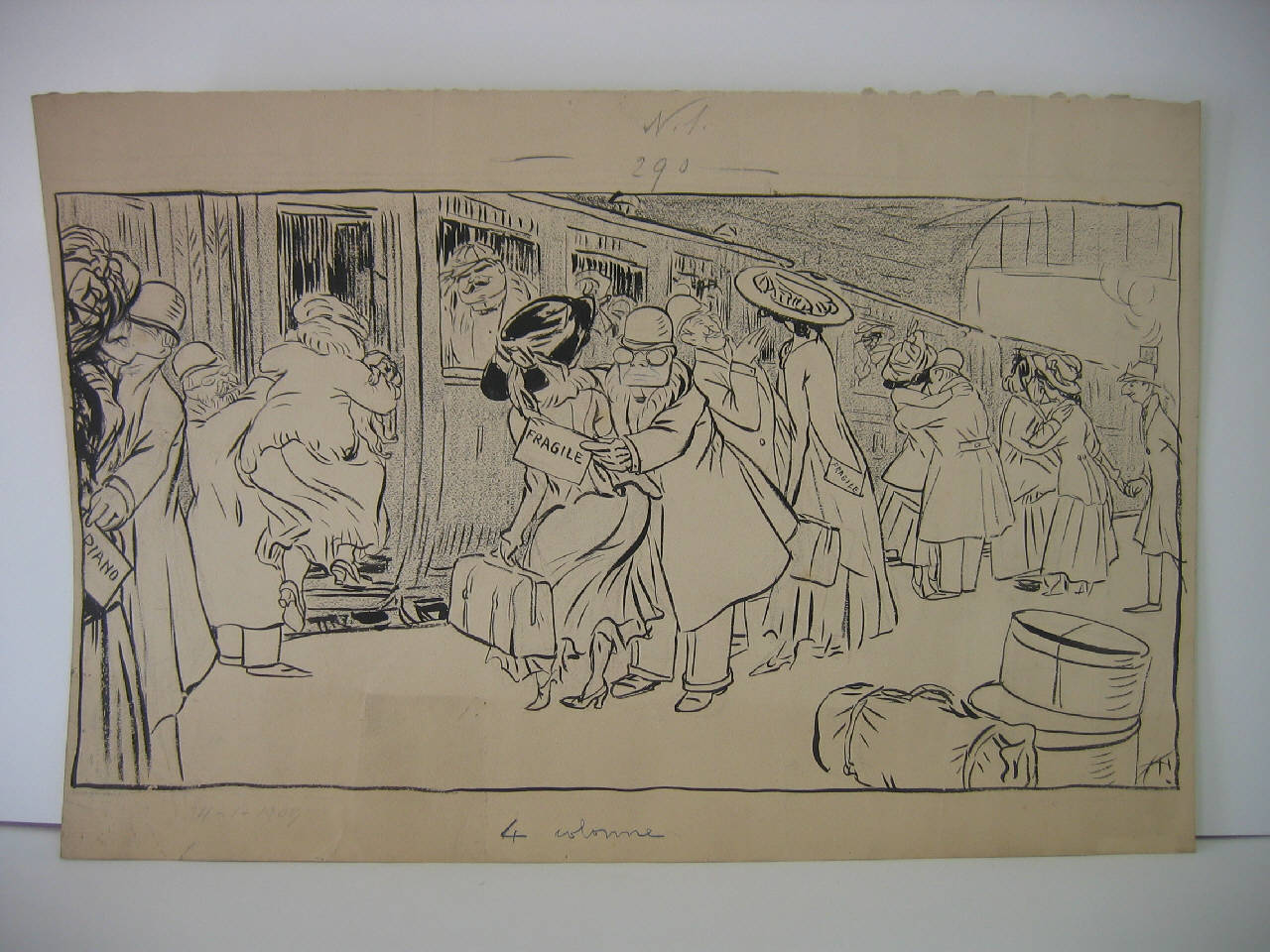IL TRASPORTO DELLA "VESTALE" A PARIGI./ LA PARTENZA DEL CORPO DI BALLO. (disegno) di Mazza, Aldo (1909/12/24 - )